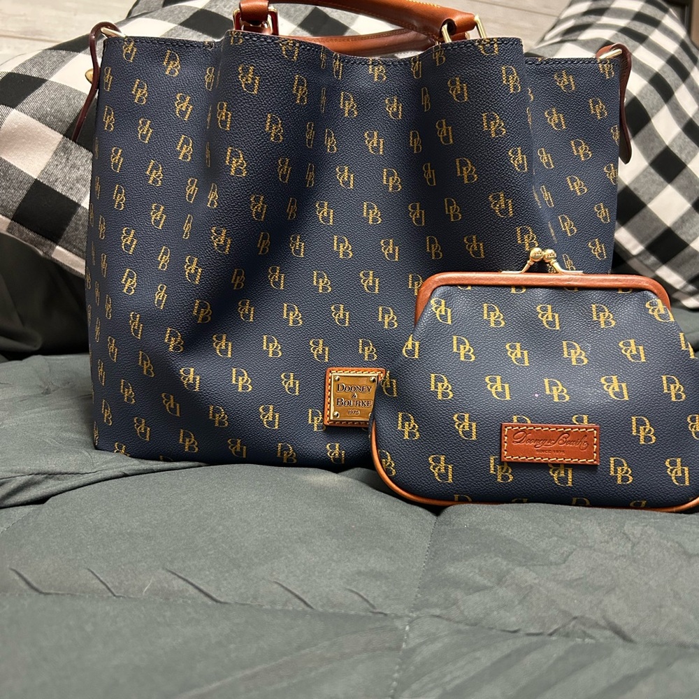 Dooney & Bourke Blue and Brown Tote Bag with Monogram Print